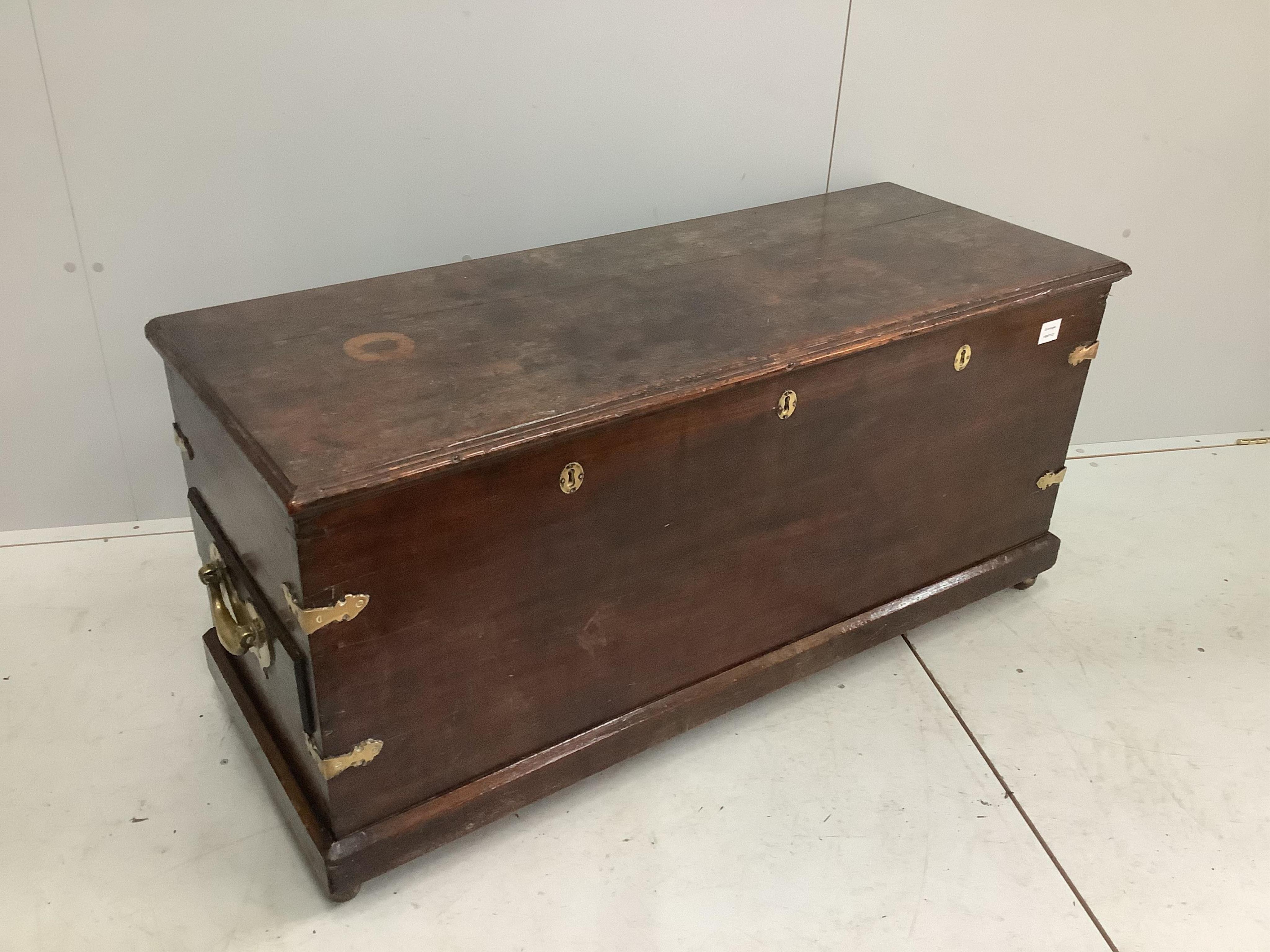 An 18th century Dutch Colonial hardwood coffer, width 124cm, depth 48cm, height 59cm. Condition - fair